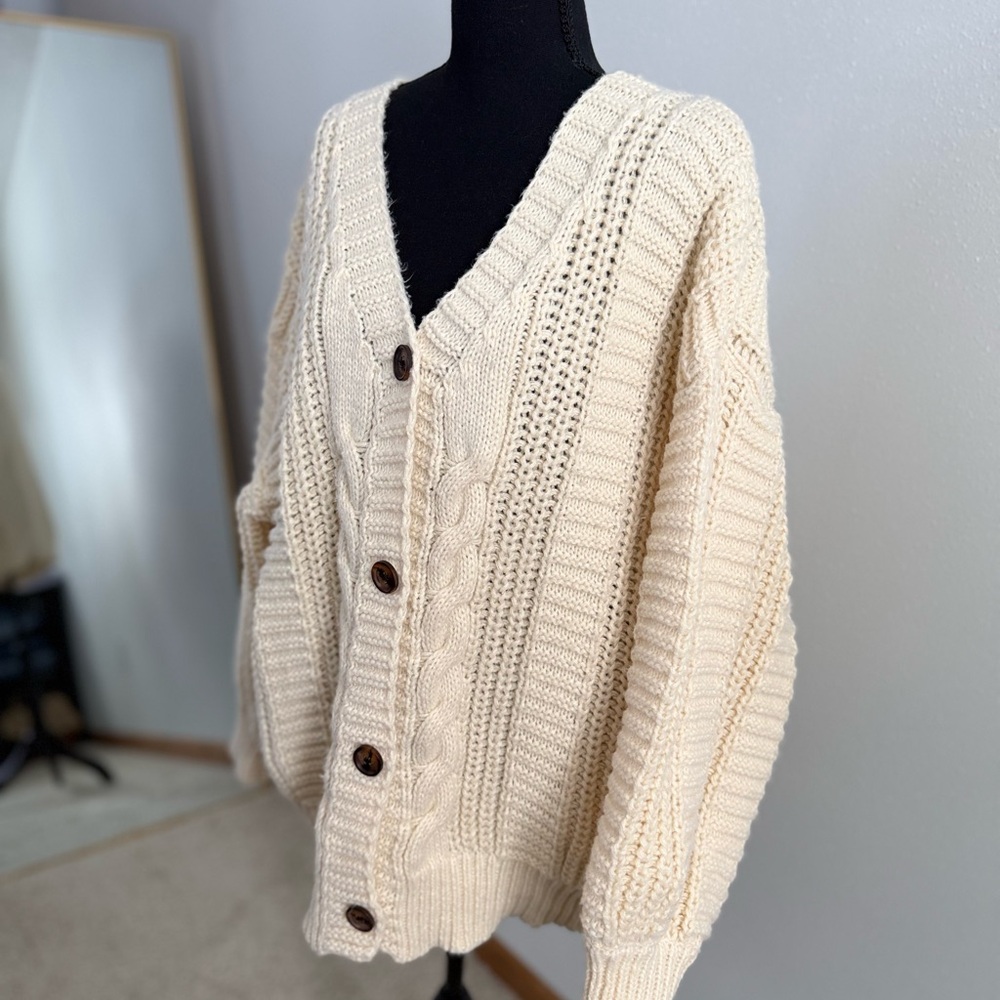 Chunky Cable Knit Cardigan Cream Oversized Fisherman Grandpa Sweater - Picture 2 of 15